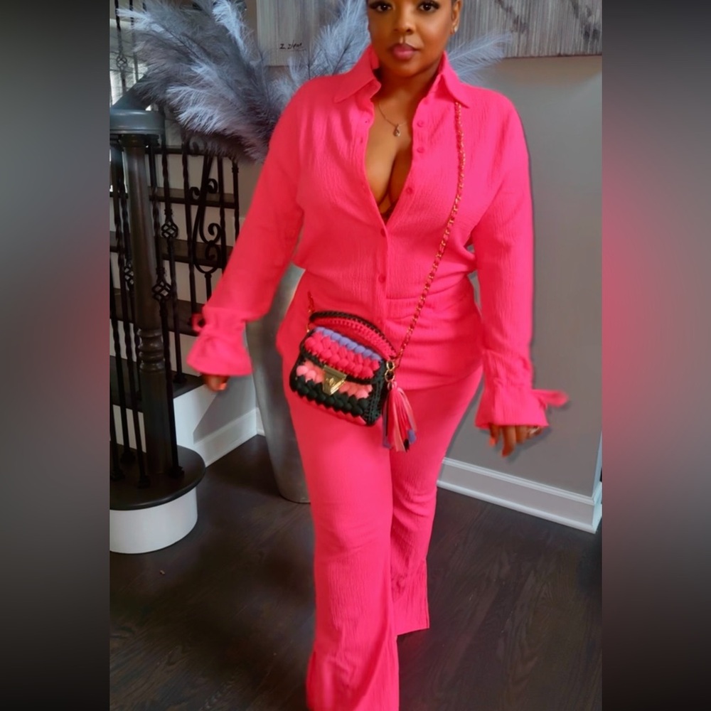 Women’s Two-Piece Hot Pink Ribbed Jumpsuit Set